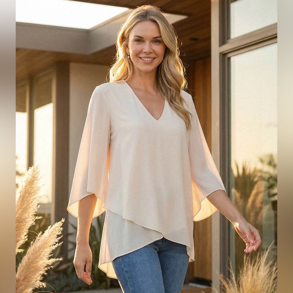 Karen Kane Women's Cream V-Neck Layered Flutter Sleeve Top